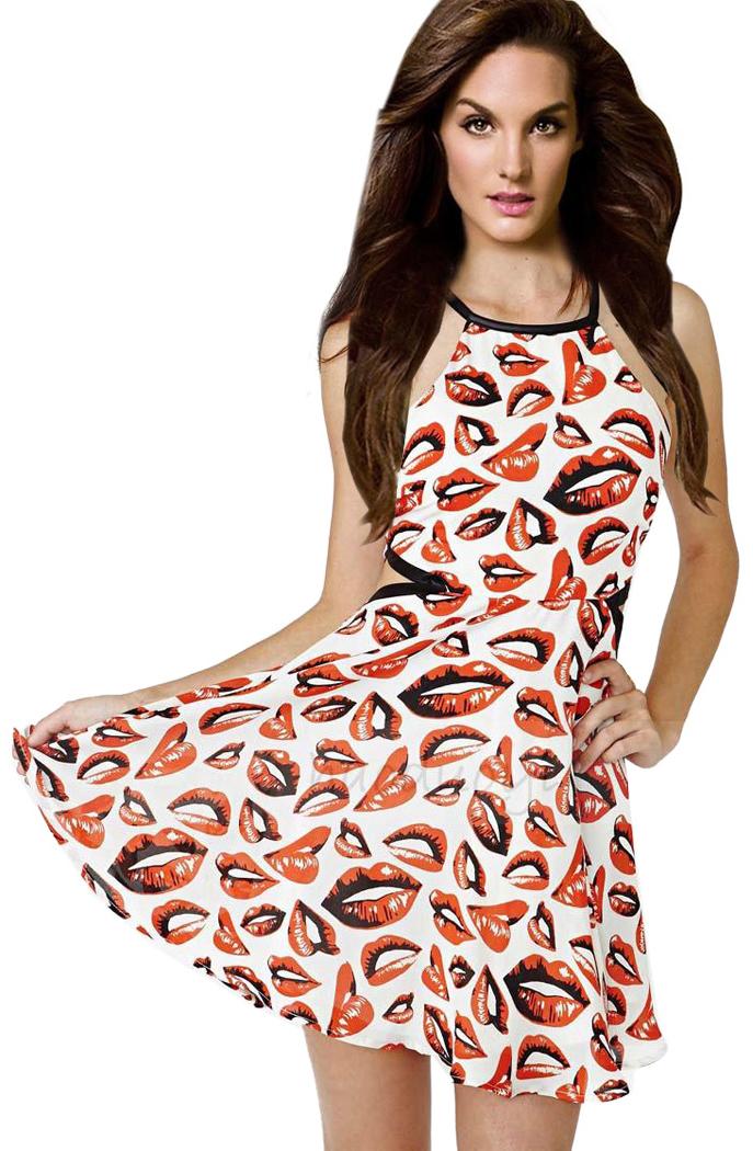 Romwe White Contrast Pu Leather Lips Print Dress