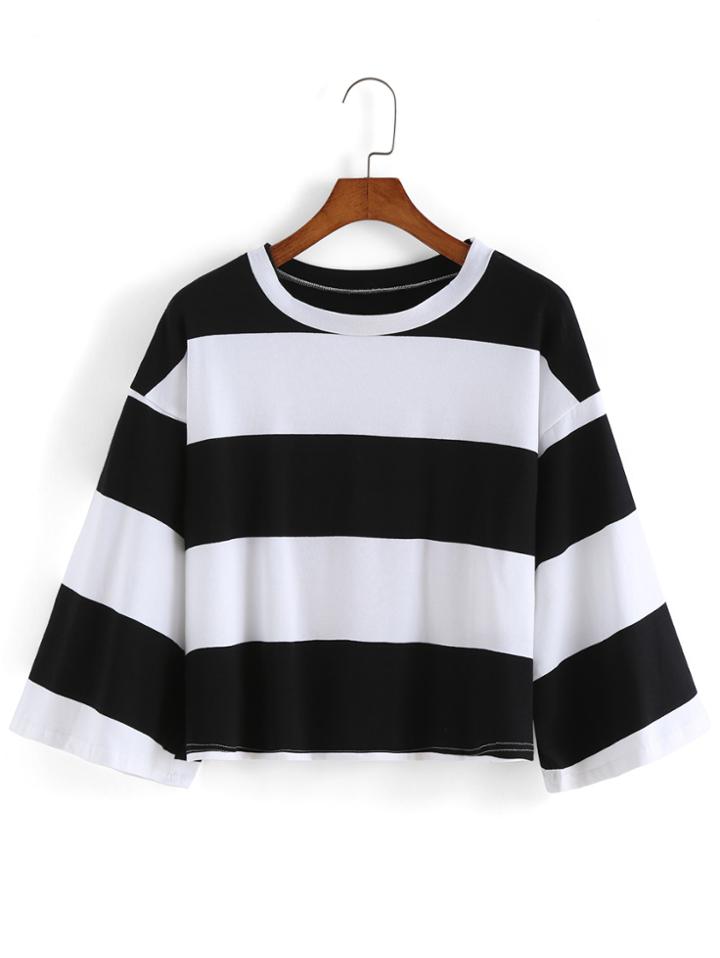 Romwe Bell Sleeve Striped Crop Black T-shirt