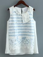 Romwe Blue And White Pearl Embellished Applique Cute Blouse