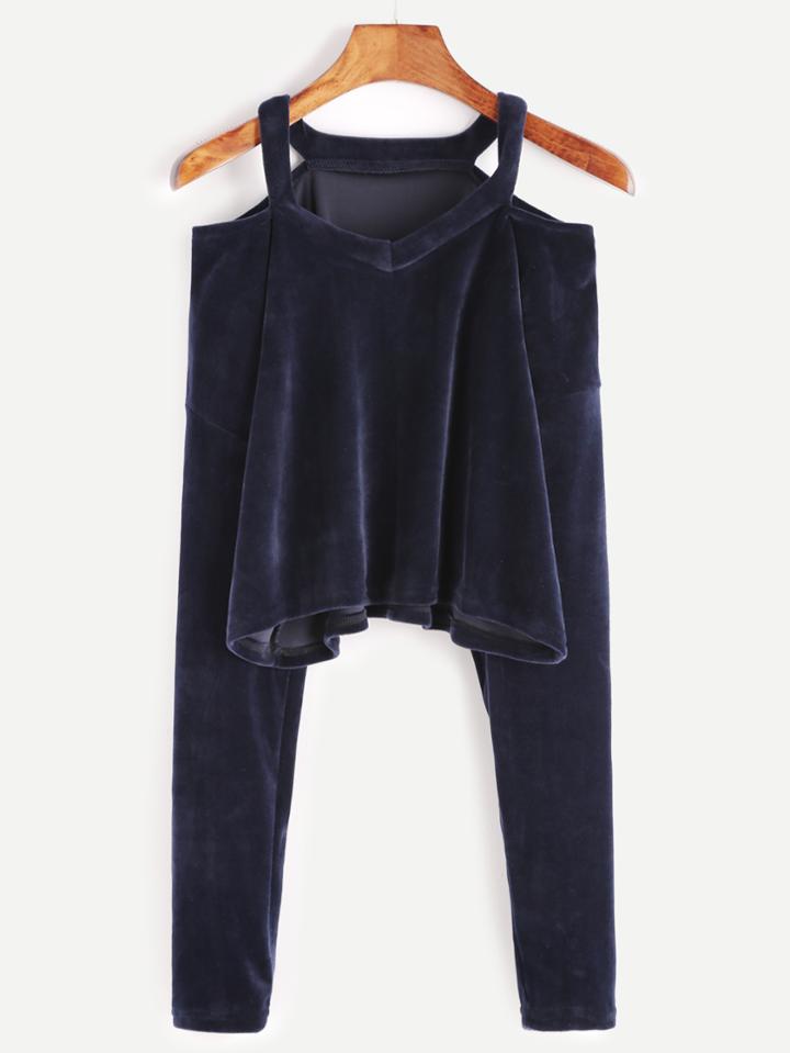 Romwe Navy Velvet Cold Shoulder Crop T-shirt