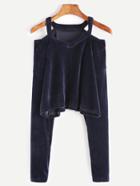 Romwe Navy Velvet Cold Shoulder Crop T-shirt