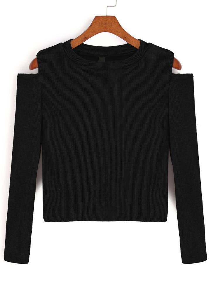 Romwe Black Open Shoulder Crop T-shirt