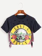 Romwe Navy Pattern Print Cut Out Cuffed Crop T-shirt