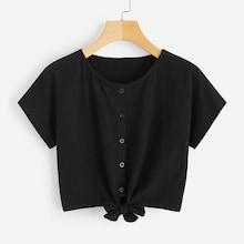 Romwe Single Breasted Knot Hem Crop Tee