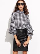Romwe Black Gingham Cutout High Neck Billow Sleeve Top
