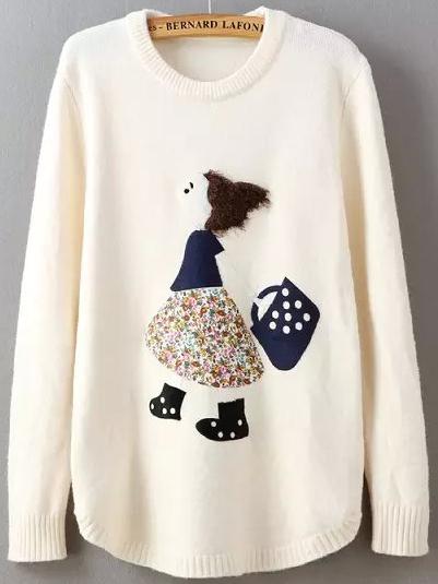 Romwe Cartoon Pattern Beige Sweater