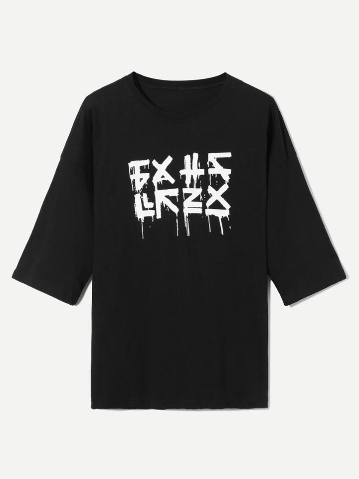 Romwe Men Letter Print Drop Shoulder Tee