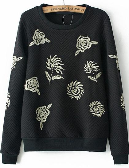 Romwe Rose Embroidered Loose Sweatshirt