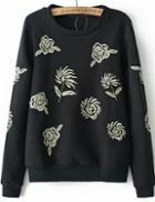 Romwe Rose Embroidered Loose Sweatshirt