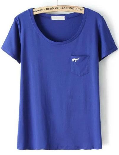 Romwe With Pocket Elephant Embroidered Blue T-shirt