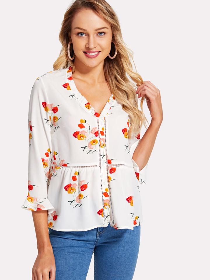 Romwe Frilled V Neck Lace Insert Botanical Blouse