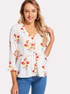 Romwe Frilled V Neck Lace Insert Botanical Blouse