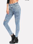 Romwe Bleach Wash Faux Pearl Detail Jeans