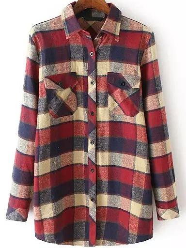 Romwe Random Plaid Patchwork With Pockets Burgundy Blouse