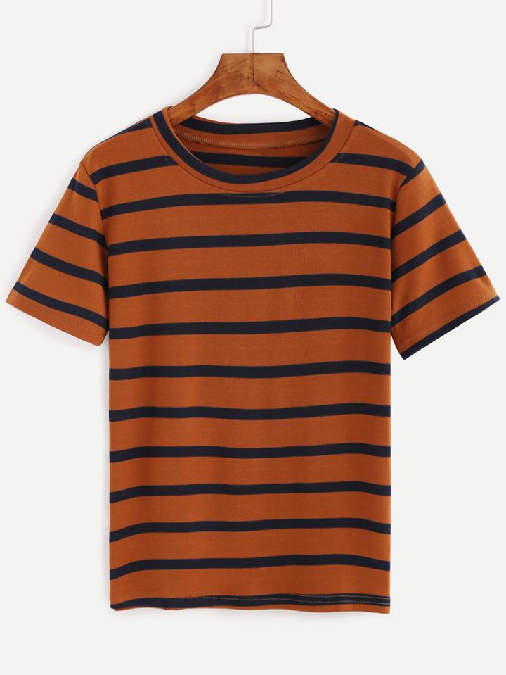 Romwe Brown Striped Casual T-shirt