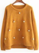 Romwe Dip Hem Bead Slit Yellow Sweater