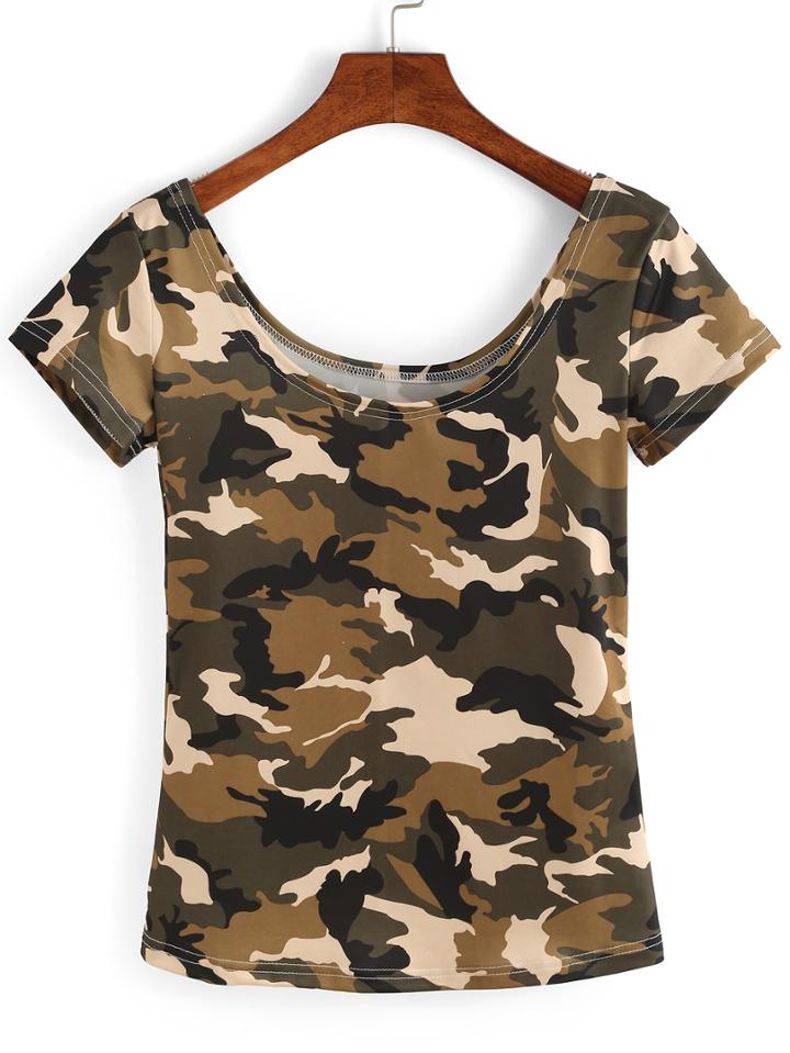 Romwe Scoop Neck Camo T-shirt