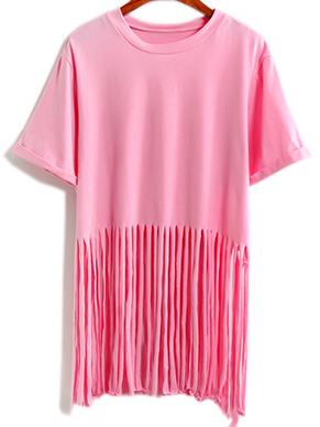 Romwe Pink Short Sleeve Tassel T-shirt