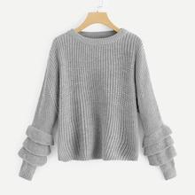 Romwe Solid Tiered Ruffle Sleeve Sweater