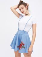 Romwe Embroidered Rose Patch Flared Shoulder Strap Skirt