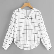 Romwe Grid V Neck Dip Curved Hem Top