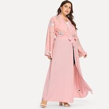 Romwe Plus Floral Embroidered Belted Outerwear