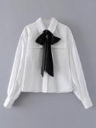 Romwe Contrast Bow Tie Front Pocket Blouse