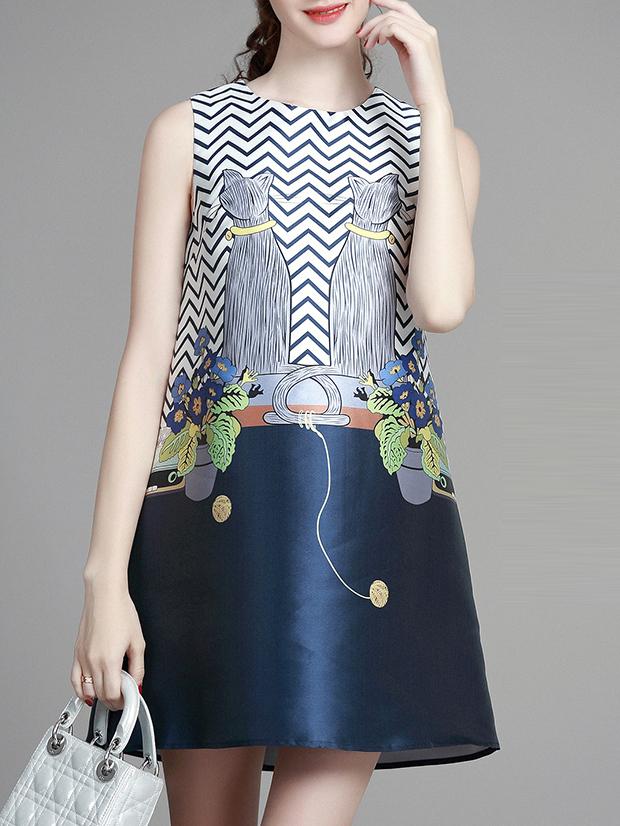 Romwe Navy Cats Print Shift Dress