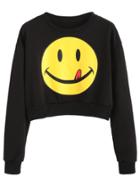 Romwe Black Smile Face Print Crop Sweatshirt