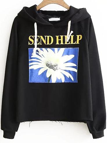 Romwe Black Daisy Raglan Sleeve Hooded Sweatshirt