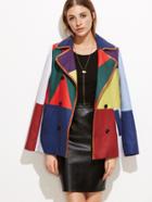 Romwe Color Block Faux Leather Binding Double Breasted Pea Coat