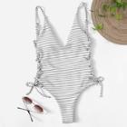 Romwe Lace Up Side Backless Striped One Piece Swimsuit