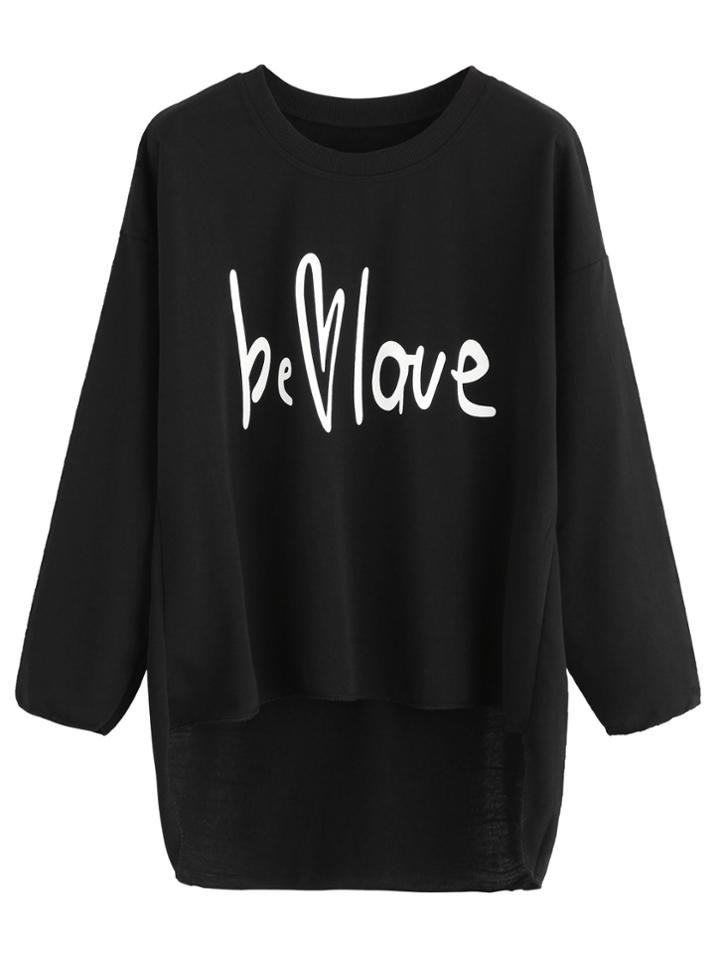 Romwe Black Letter Print Dropped Shoulder Seam High Low T-shirt
