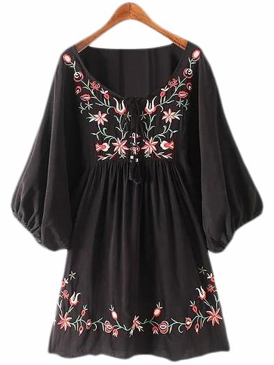 Romwe Black Lantern Sleeve Tie Neck Tassel Embroidery Dress