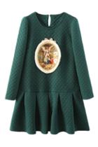 Romwe Angle Appliqued Green Falbala Dress