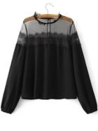 Romwe Black Eyelash Lace Trim Mesh Detail Blouse