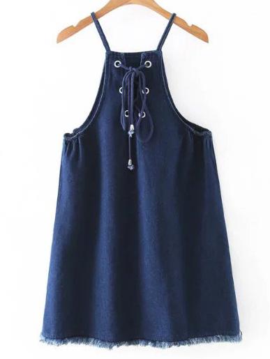 Romwe Blue Spaghetti Strap Lace Up Denim Top