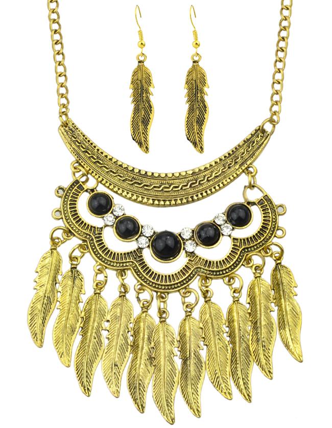 Romwe Fashionable Antique Gold Trible Style Hanging Leaf Necklace Earrings Indian Jewelry Set