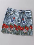 Romwe Blue Flower Butterfly Embroidery Denim Skirt