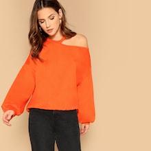 Romwe Neon Orange Cut Out Shoulder Sweatshirt