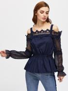 Romwe Cold Shoulder Lace Sleeve Peplum Top