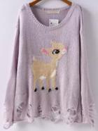 Romwe Light Purple Round Neck Deer Pattern Ripped Sweater