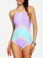 Romwe Color Block Mesh Insert Crisscross One-piece Swimwear