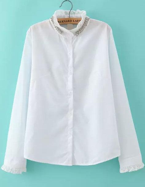 Romwe Fungus Collar With Bead Slim Blouse