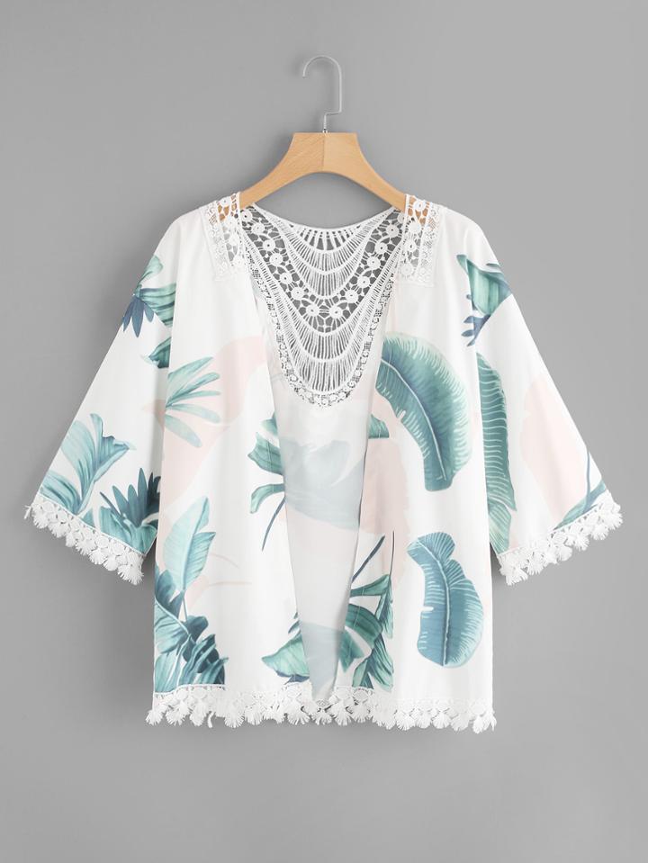 Romwe Contrast Lace Foliage Print Coat