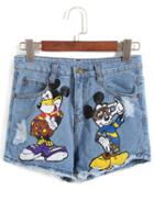 Romwe Mickey Print Denim Shorts