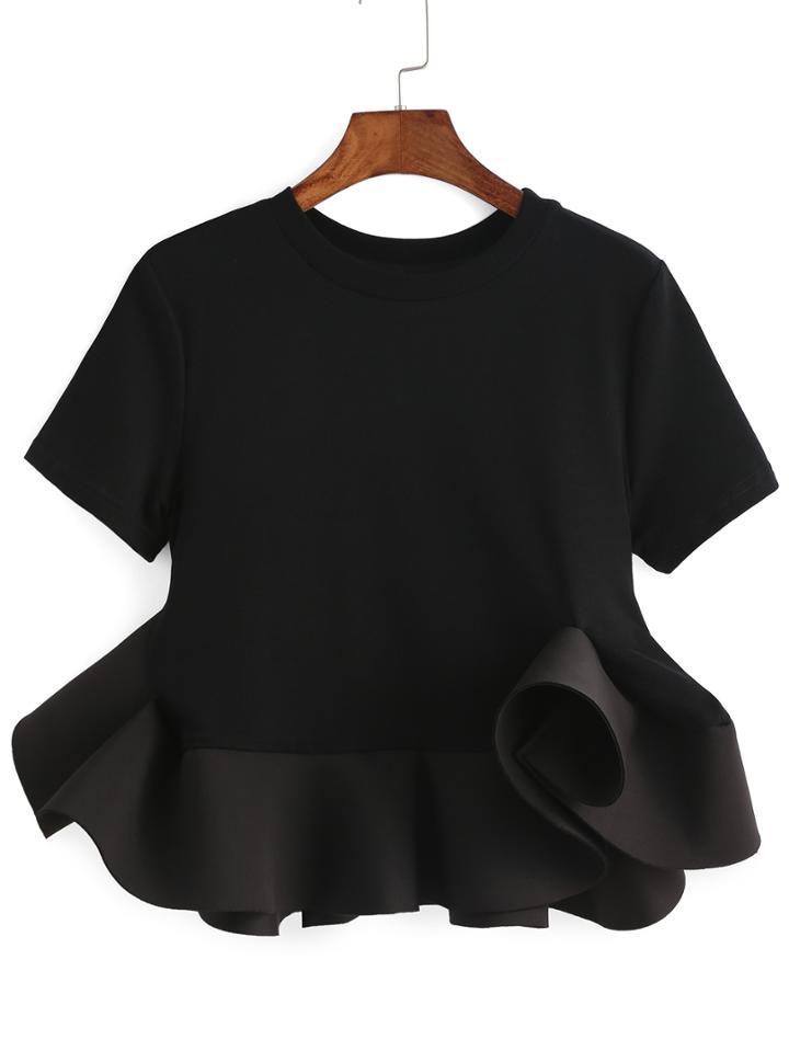 Romwe Black Crew Neck Ruffle Crop Blouse