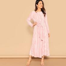 Romwe Half Placket Belted Pleated Satin Dress