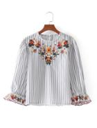 Romwe Floral Embroidered Scalloped Cuff Striped Blouse