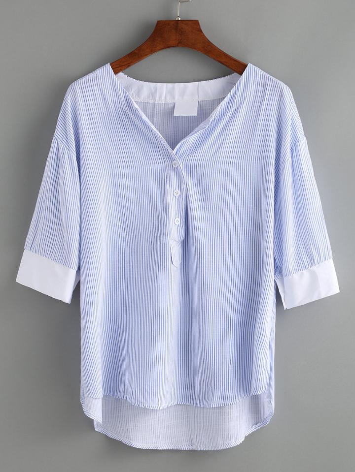 Romwe Buttoned Front Contrast Cuff Vertical Striped Blouse - Blue